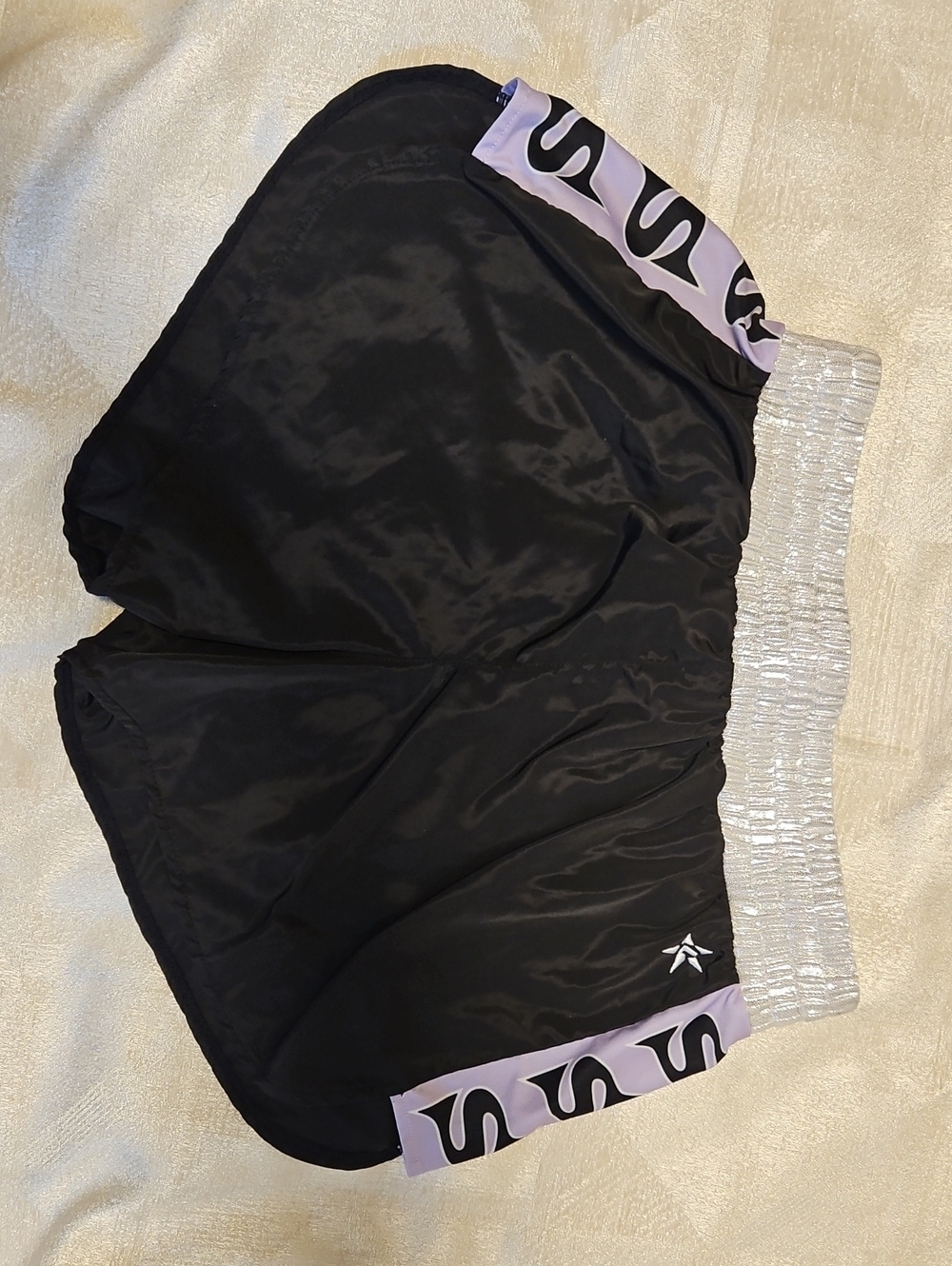 Black Women's Athletic Shorts with Shimmery Silver Waistband and Lilac Trim
